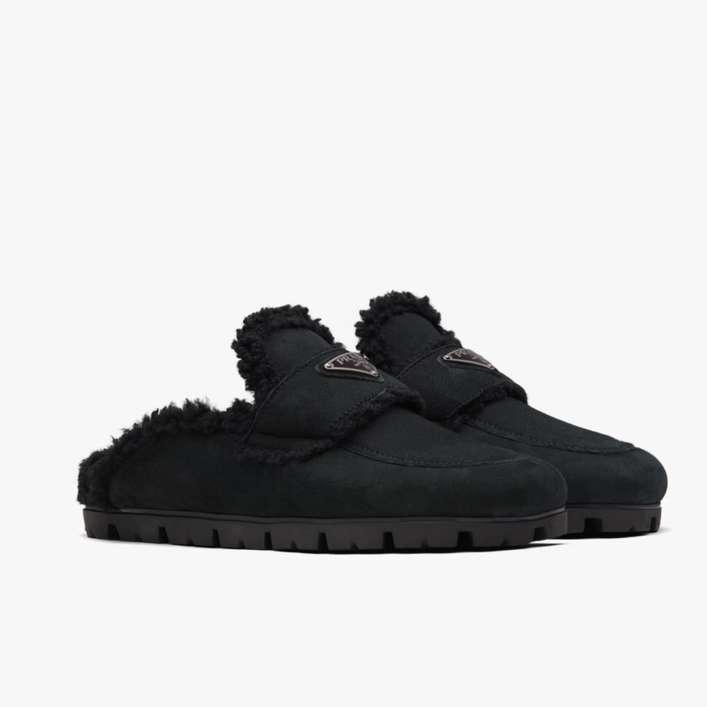 Prada Black Shearling Slippers